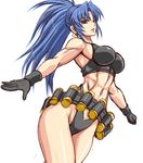  abs bad_anatomy bandolier biceps black_gloves black_panties blue_hair breasts clenched_hand earrings explosive gloves green_eyes grenade highleg highleg_panties jewelry large_breasts leona_heidern long_hair muscle muscular_female panties ponytail solo sports_bra standing taroimo_(00120014) the_king_of_fighters underwear underwear_only 