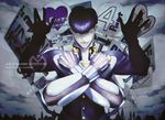  alo_(m-o-k-e-k-e) anchor_symbol arms_up blue_eyes copyright_name crazy_diamond gakuran heart higashikata_jousuke highres jojo_no_kimyou_na_bouken kubrick_stare male_focus open_hands pompadour purple_hair school_uniform smile stand_(jojo) upper_body x_arms 