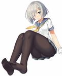  arm_support black_legwear blue_eyes breasts commentary_request eyes_visible_through_hair feet gloves hair_ornament hair_over_one_eye hairclip hamakaze_(kantai_collection) harimoji kantai_collection large_breasts looking_at_viewer neckerchief no_shoes open_mouth panties panties_under_pantyhose pantyhose pleated_skirt school_uniform serafuku short_hair short_sleeves silver_hair sitting skirt solo underwear white_gloves white_panties yellow_neckwear 