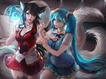  ahri alternate_costume black_hair blue_hair breasts cleavage fox_ears fox_tail large_breasts league_of_legends multiple_girls multiple_tails realistic sakimichan school_uniform sona_buvelle twintails 