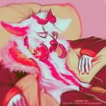  angiewolf anthro canine chest_tuft clothing cotton_candy_(angiewolf) eyes_closed fur headphones horn male mammal markings multicolored_fur pink_fur pink_nose sitting tuft two_tone_fur url white_fur 