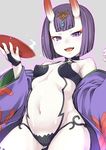  alcohol ass_visible_through_thighs blush breasts covered_nipples cup fangs fate/grand_order fate_(series) horns japanese_clothes jingai_modoki kimono looking_at_viewer navel oni oni_horns open_clothes open_kimono open_mouth pale_skin purple_eyes purple_hair sakazuki sake short_hair shuten_douji_(fate/grand_order) simple_background small_breasts smile solo 