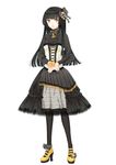  asaki_benio black_dress black_hair black_legwear corset dress full_body hair_ornament hands_together highres hime_cut lolita_fashion long_hair looking_at_viewer original pantyhose simple_background solo white_background yellow_eyes 