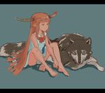  3735geriragouki absurdres animal aqua_background ass bangs barefoot blunt_bangs colorized full_body highres horn_ribbon horns ibuki_suika letterboxed long_hair lying on_stomach orange_hair panties pantyshot pointy_ears ribbon shirt simple_background sitting sketch skirt sleeveless solo touhou underwear wolf yellow_eyes 