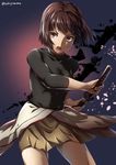  artist_name black_shirt brown_hair brown_skirt clothes_around_waist collarbone contrapposto cowboy_shot fighting_stance holding holding_sword holding_weapon hyuuga_(kantai_collection) kantai_collection katana long_sleeves looking_at_viewer red_eyes sakiyamama sheath sheathed shirt short_hair skin_tight skirt solo standing sword taut_clothes taut_shirt unsheathing weapon 