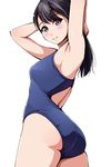  armpits arms_behind_head arms_up ass bare_arms bare_shoulders black_hair blue_swimsuit competition_swimsuit cowboy_shot eyebrows eyebrows_visible_through_hair from_behind grey_eyes highres light_smile long_hair looking_at_viewer looking_back matsunaga_kouyou one-piece_swimsuit original parted_lips shiny shiny_skin simple_background solo standing swimsuit teeth thighs white_background 