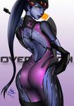  2016 animal_print ass back bodysuit center_opening copyright_name cowboy_shot dated earrings gun head_mounted_display helmet holding holding_gun holding_weapon holster jewelry lipstick long_hair long_ponytail looking_at_viewer looking_back makeup overwatch pink_bodysuit ponytail purple_hair purple_lipstick purple_skin rifle short_sleeves signature sniper_rifle solo spider_print stud_earrings tattoo thigh_holster thigh_strap very_long_hair visor weapon widowmaker_(overwatch) yellow_eyes yuanchuang 