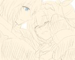  1girl blue_eyes blush brother_and_sister coat dress edna_(tales) eizen_(tales) eyes_closed gloves hairband monochrome open_mouth short_hair side_ponytail smile spot_color tales_of_(series) tales_of_berseria tales_of_zestiria tears white_background 