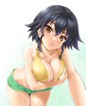  :o bare_arms bare_shoulders bent_over bikini_top black_hair blush braid breast_hold breasts brown_eyes cleavage collarbone commentary_request flipped_hair foreshortening girls_und_panzer green_shorts hair_between_eyes hanging_breasts head_tilt kure_masahiro large_breasts looking_at_viewer open_mouth outstretched_arm pepperoni_(girls_und_panzer) short_hair short_shorts shorts sidelocks single_braid single_thighhigh solo sweatdrop thighhighs yellow_bikini_top 
