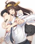  1girl admiral_(kantai_collection) ahoge black_hair blush brown_hair chocolate chocolate_heart closed_eyes detached_sleeves faceless faceless_male feeding force_feeding hairband heart highres hug hug_from_behind japanese_clothes jewelry kantai_collection kongou_(kantai_collection) military military_uniform mouth_hold naval_uniform necktie nontraditional_miko open_mouth pallad ribbon-trimmed_sleeves ribbon_trim ring sweatdrop thighhighs uniform valentine wedding_band wide_sleeves 