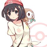  :o arms_behind_back bangs beanie between_breasts bird black_hair blue_eyes blunt_bangs blush breasts collarbone creature creature_on_shoulder eyebrows eyebrows_visible_through_hair floating_hair gen_7_pokemon hat highres koga_rejini looking_at_viewer mizuki_(pokemon) owl parted_lips pokemon pokemon_(creature) pokemon_(game) pokemon_sm red_hat rowlet shirt short_hair short_sleeves strap_cleavage tied_shirt upper_body yellow_shirt 