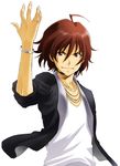  amagase_touma blackish_961sp bracelet brown_hair idolmaster idolmaster_(classic) idolmaster_2 jewelry looking_at_viewer male_focus necklace nekomaru pose simple_background smile solo upper_body white_background 