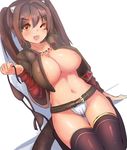  ;d areola_slip areolae arm_support beatrice_(soccer_spirits) black_legwear blush bra bra_removed breasts brown_hair brown_legwear crop_top crop_top_overhang cropped_jacket dragon_tail fang gloves horns jacket jewelry large_breasts long_hair looking_at_viewer narane navel necklace one_eye_closed open_clothes open_jacket open_mouth orange_eyes seiza sitting smile soccer_spirits solo tail thighhighs twintails two_side_up underwear white_gloves 
