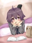  ahoge alternate_costume bag blazer blush book head_rest jacket kantai_collection leg_up looking_at_viewer lying mouth_hold on_stomach purple_eyes purple_hair sakawa_(kantai_collection) school_bag school_uniform short_hair smile solo tonchinkan 