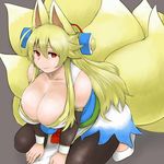  animal_ears bad_id bad_pixiv_id bare_shoulders blonde_hair breasts cleavage detached_sleeves fox_ears fox_tail grey_background huge_breasts izuna_(shinrabanshou) long_hair looking_at_viewer red_eyes shinrabanshou simple_background smile solo soranona_(soranosuke) tail 