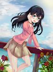  absurdres alternate_costume bad_id bad_pixiv_id black_hair blue_eyes casual cloud commentary_request contemporary day flower gh_(chen_ghh) glasses hand_on_eyewear highres kantai_collection long_hair looking_at_viewer ocean ooyodo_(kantai_collection) open_mouth pleated_skirt skirt sky solo 