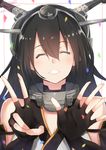  ^_^ bare_shoulders black_gloves black_hair closed_eyes collar confetti elbow_gloves facing_viewer fingerless_gloves gloves grin hair_between_eyes headgear isshiki_(ffmania7) kantai_collection lips long_hair nagato_(kantai_collection) open_clothes open_hand signature smile solo teeth twitter_username v 