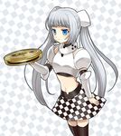  blue_eyes checkered checkered_background checkered_skirt long_hair miss_monochrome miss_monochrome_(character) ruu-chan sato_(jelly_ap) silver_hair skirt solo twintails vacuum_cleaner 