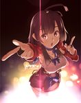  blush breasts brown_hair choker hair_ribbon japanese_clothes koutetsujou_no_kabaneri long_sleeves looking_at_viewer medium_breasts mumei_(kabaneri) open_mouth pointing red_eyes ribbon ribbon_choker short_hair skirt solo thighhighs twitter_username yuuzii 