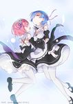  blue_hair closed_eyes crying detached_sleeves hair_ribbon hairband highres juliet_sleeves long_sleeves maid multiple_girls neki_(wakiko) open_mouth pink_hair puffy_sleeves ram_(re:zero) re:zero_kara_hajimeru_isekai_seikatsu red_eyes rem_(re:zero) ribbon short_hair siblings sisters skirt skirt_lift tailcoat thighhighs twins white_legwear wide_sleeves zettai_ryouiki 