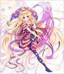  absurdly_long_hair american_flag_dress american_flag_legwear blonde_hair blush closed_mouth clownpiece dress full_body hat jester_cap long_hair looking_at_viewer neck_ruff pantyhose polka_dot purple_eyes short_dress short_sleeves smile solo star striped striped_legwear torch touhou very_long_hair z.o.b zoom_layer 