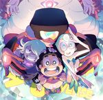  1boy 4girls amethyst_(steven_universe) black_hair blue_eyes brown_eyes copyright_name garnet_(steven_universe) gem grin mother_and_son multiple_girls open_mouth orange_hair pearl_(steven_universe) pink_hair purple_eyes rose_quartz_universe salute shirt_lift sitting smile steven_quartz_universe steven_universe sunglasses t_k_g white_hair 