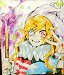  american_flag bifrst blonde_hair clownpiece collar dress fingernails frilled_shirt_collar frills hat heterochromia jester_cap long_fingernails long_hair nail_polish sharp_teeth smile solo star star-shaped_pupils symbol-shaped_pupils teeth torch touhou v very_long_hair 