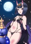  black_hair cherry_blossoms fate/grand_order fate_(series) full_moon gourd highres horns japanese_clothes kimono looking_at_viewer midriff moon navel oni oni_horns ookami_maito open_mouth purple_eyes short_hair shuten_douji_(fate/grand_order) smile solo 
