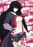  armor bandage belt black_hair braid breasts choker coat large_breasts navel short_shorts shorts tales_of_(series) tales_of_berseria torn_clothes underboob velvet_crowe very_long_hair yellow_eyes 