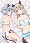  animal_ears aqua_eyes blonde_hair bra breasts cat_ears cat_tail chestnut_mouth cleavage dog_ears dog_tail eila_ilmatar_juutilainen looking_at_viewer lying medium_breasts midriff multiple_girls navel off_shoulder on_back open_mouth panties purple_eyes sanya_v_litvyak sayama_(chiwan0830) side-tie_panties sideboob silver_hair strike_witches tail underwear world_witches_series 