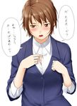  bangs blush breasts brown_eyes brown_hair cleavage commentary_request daijoubu?_oppai_momu? formal hands_on_own_chest highres jacket looking_to_the_side medium_breasts niwatazumi open_mouth original shirt short_hair sketch solo suit translation_request 
