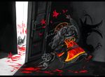  arm_up blood blood_writing bloody_feet bloody_hands chinese_clothes commentary corpse different_shadow doll dragging dying_message fangs flower junko_(touhou) koto_inari letterboxed lily_(flower) long_hair monochrome ominous_shadow open_door red_eyes sash spot_color tabard touhou walking 