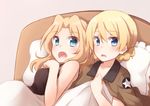  blonde_hair blue_eyes blush braid collarbone commentary_request covering darjeeling girls_und_panzer highres kapatarou kay_(girls_und_panzer) looking_at_viewer lying military military_uniform multiple_girls on_bed open_mouth pillow saunders_military_uniform shirt star surprised tank_top uniform yuri 