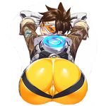  ass gloves huge_ass looking_back mousepad overwatch short_hair simple_background solo tracer_(overwatch) visor white_background 