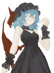  1girl absurdres alternate_costume bare_shoulders bat_wings black_dress black_headwear black_wrist_cuffs blue_hair bow dress fingernails frilled_wrist_cuffs hand_up hat hat_bow highres looking_at_viewer medium_hair messy_hair mob_cap red_bow red_eyes red_nails red_wings reisende1969 remilia_scarlet sharp_fingernails sleeveless sleeveless_dress strap touhou white_background wings wrist_cuffs 