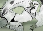 anthro avian beak bird bottomwear clothed clothing crop_top digital_media_(artwork) feathers fishnet gaiki gull lari larid legwear long_tongue looking_at_viewer male midriff open_mouth shirt simple_background solo tail thick_thighs thong tongue topwear underwear white_body white_feathers