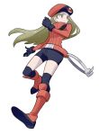  1girl belt belt_buckle beret bike_shorts black_gloves blonde_hair boots buckle closed_mouth commentary_request floating_hair full_body gloves hat high_collar highres jacket long_hair over-kneehighs pokemon pokemon_ranger_(pokemon) pokemon_xy red_belt red_footwear red_headwear red_jacket rii_(mrhc7482) simple_background solo thighhighs white_background yellow_eyes 