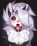 4:5 absurd_res ahegao anthro big_breasts blush bodily_fluids breasts canid canine clothed clothing collar cum cum_in_mouth cum_inside cum_on_face digital_media_(artwork) dripping drooling ear_piercing ear_ring eyebrow_piercing eyeshadow facial_piercing fangs female furgonomics furry-specific_piercing genital_fluids hair helluva_boss hi_res ikstina looking_pleasured loona_(helluva_boss) makeup mammal mouth_shot open_mouth oral_invitation piercing ring_piercing saliva saliva_drip saliva_on_tongue saliva_string solo sweat sweatdrop teeth tongue tongue_out topwear