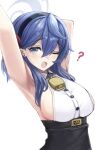  1girl ? ako_(blue_archive) armpits bag_(chrko_bag) bell black_hairband black_skirt blue_archive blue_eyes blue_hair blue_halo blush breasts buttons hair_between_eyes hairband halo large_breasts long_hair looking_at_viewer neck_bell one_eye_closed open_mouth shirt sideboob simple_background skirt sleeveless sleeveless_shirt solo upper_body white_background white_shirt 