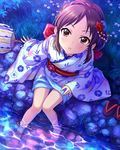  alternate_hairstyle artist_request braid brown_eyes brown_hair fan flower french_braid hair_flower hair_ornament idolmaster idolmaster_cinderella_girls japanese_clothes kimono official_art paper_fan solo tachibana_arisu uchiwa water 