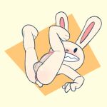 anthro anus balls biped blush erection gemsum genitals lagomorph legs_up leporid low_res lying male mammal max_(sam_and_max) on_back penis rabbit sam_and_max simple_background smile solo white_body