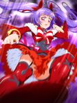  black_hat bow bracelet cure_magical frilled_skirt frills hair_bow hat izayoi_liko jewelry kicking long_hair magical_girl mahou_girls_precure! mini_hat mini_witch_hat precure purple_background purple_eyes purple_hair red_bow red_legwear red_skirt ruby_style serious skirt solo striped striped_bow thighhighs tj-type1 twintails witch_hat 