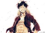  1boy abs amane_(yukiango69) arms_at_sides black_hair blush collarbone grin hat hat_on_back highres looking_at_viewer male_focus monkey_d._luffy one_piece open_clothes open_shirt red_shirt scar scar_on_chest scar_on_face shirt short_hair signature smile solo straw_hat toned toned_male upper_body white_background 