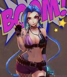  belt blue_hair braid breasts bullets cleavage jinx_(league_of_legends) league_of_legends lipstick long_hair makeup middle_finger necklace pink_eyes pink_lipstick shorts tattoo twin_braids 