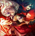  2boys archer_(fate/samurai_remnant) arm_guards arrow_(projectile) blonde_hair bow_(weapon) chinese_clothes chinese_hairpin command_spell fate/samurai_remnant fate_(series) green_hair hair_ornament hanfu high_ponytail highres holding holding_arrow holding_bow_(weapon) holding_weapon kuroaki low-tied_sidelocks multicolored_hair multiple_boys parted_bangs streaked_hair tassel tassel_hair_ornament weapon xiao_guan_(headdress) yellow_eyes zheng_chenggong_(fate) 