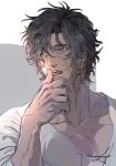  1boy black_hair blue_eyes clive_rosfield collarbone final_fantasy final_fantasy_xvi gsg7pk hair_between_eyes highres licking licking_finger looking_to_the_side male_focus messy_hair muscular muscular_male pectorals scar scar_on_cheek scar_on_face shirt short_hair solo tongue tongue_out upper_body white_shirt 