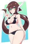  1girl absurdres aile_(mega_man_zx) alternate_costume bikini black_bikini black_choker blush breasts brown_hair buzzlyears choker closed_mouth collarbone green_eyes highres large_breasts long_hair mega_man_(series) mega_man_zx micro_bikini navel solo swimsuit 