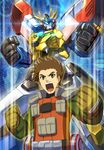  blue_eyes brown_gloves brown_hair clenched_hands future_card_buddyfight gloves male_focus mecha open_mouth pouch shingo_(picturepuzzle) shiny shoulder_pads takihara_tsurugi upper_body 