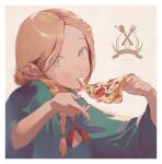  1girl blonde_hair braid dungeon_meshi eating elf fajyobore food food_in_mouth green_eyes highres holding holding_food holding_pizza long_hair long_sleeves looking_at_viewer marcille pizza pizza_slice pointy_ears red_ribbon ribbon robe solo 