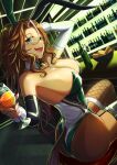  1girl :d absurdres animal_ears aqua_eyes arm_up ass asymmetrical_legwear bar_(place) bare_shoulders black_thighhighs bottle bowl breasts brown_hair cleavage commentary_request cup detached_collar detached_sleeves drinking_glass dutch_angle facial_mark fishnet_thighhighs fishnets garter_straps hand_up highres holding holding_cup indoors large_breasts leotard long_hair looking_at_viewer mejiro_palmer_(umamusume) mismatched_legwear open_mouth playboy_bunny rabbit_ears same_kujira_(challenger_310) sitting smile solo star_(symbol) strapless strapless_leotard tail thighhighs thighs twisted_torso umamusume very_long_hair wine_glass 